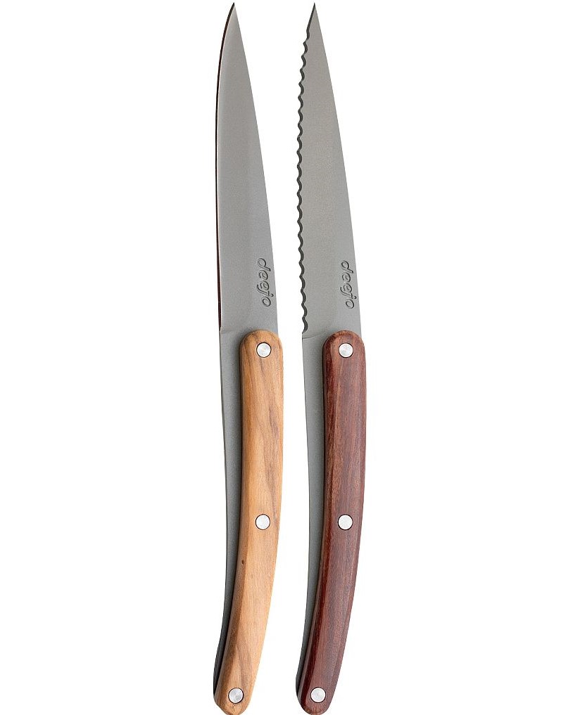 2 Deejo Paring Knives, Olive and Coral Wood / Polynesian and Pacific